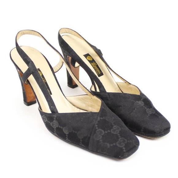 Vintage Gucci Black Fabric GG Monogram Print Slingback High Heels EU 37 Italy - Picture 1 of 12